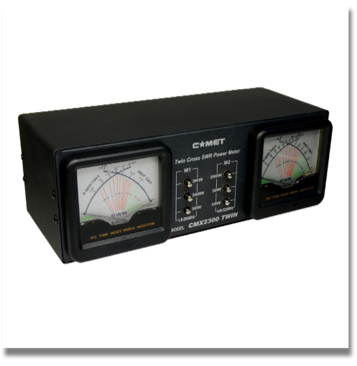 COMET CMX-2300
TWIN CROSS NEEDLE METER
Monitor 2 radios at once with this new CMX-2300 twin cross needle meter. You can set up an HF radio with the left hand meter, and also watch VHF/UHF settings on the right hand meter. With high power rating (up to 3Kw on HF, and up to 200 watts on VHF) and new twin colour red/green backlighting, the CMX-2300 is set to be a firm favourite. COMET CMX-2300
TWIN CROSS NEEDLE METER
Monitor 2 radios at once with this new CMX-2300 twin cross needle meter. You can set up an HF radio with the left hand meter, and also watch VHF/UHF settings on the right hand meter. With high power rating (up to 3Kw on HF, and up to 200 watts on VHF) and new twin colour red/green backlighting, the CMX-2300 is set to be a firm favourite.